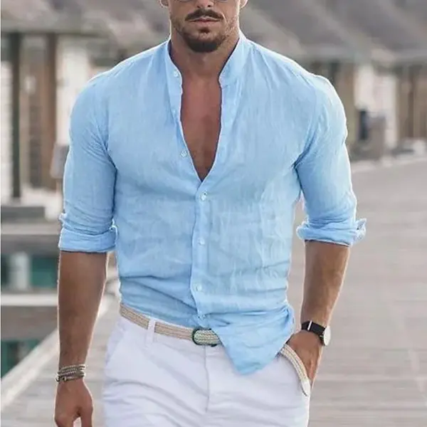 Men's Long Sleeve Shirt With Button Casual Solid Color Tops For Spring Autumn